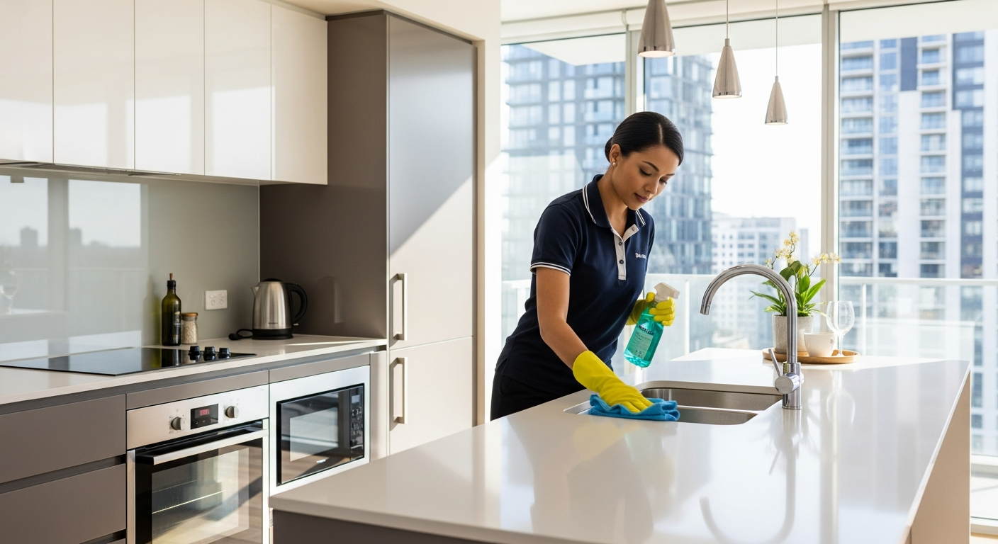 Cleaner wiping down kitchen bench