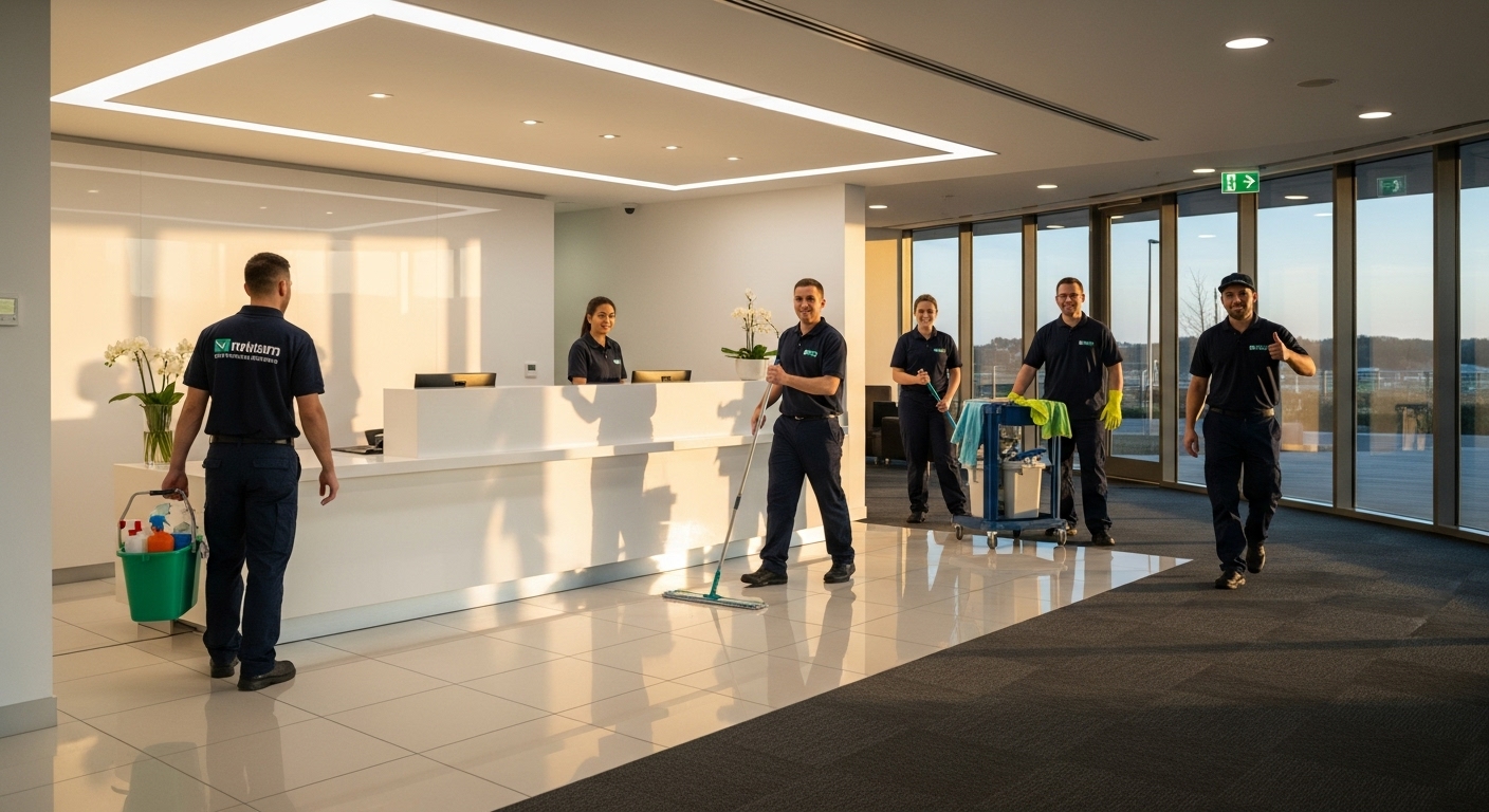 Team of cleaners after office clean