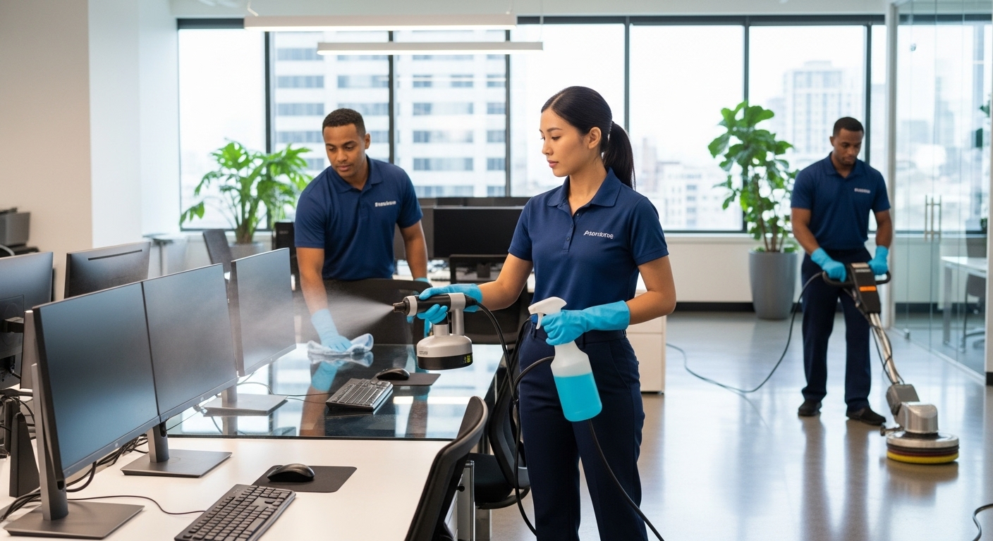 Commercial cleaners sanitising an office