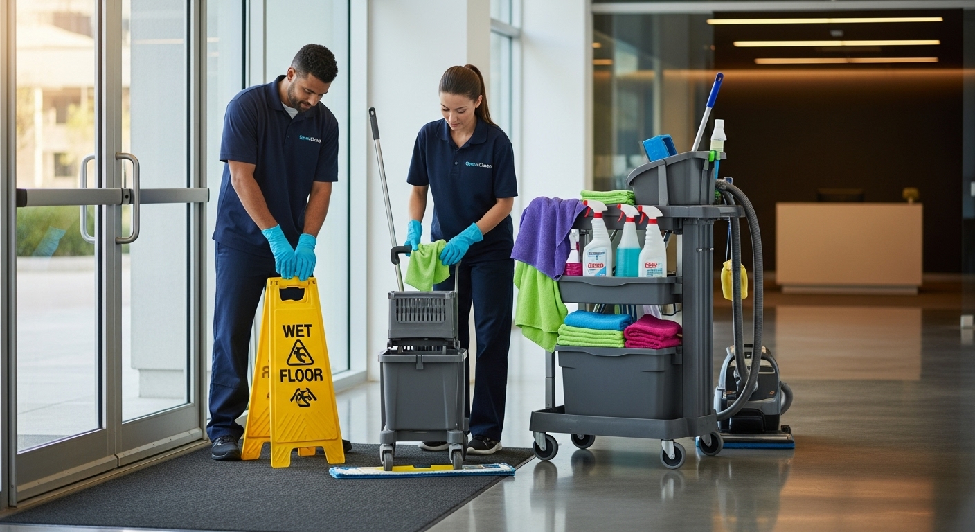 Commercial cleaning crew preparing equipment at an office entrance