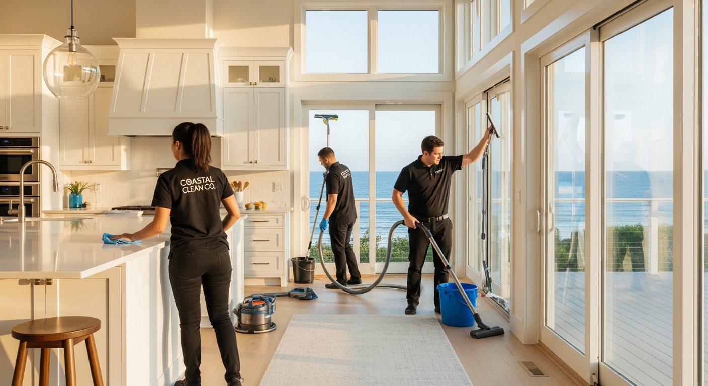 Professional cleaners working in a coastal home