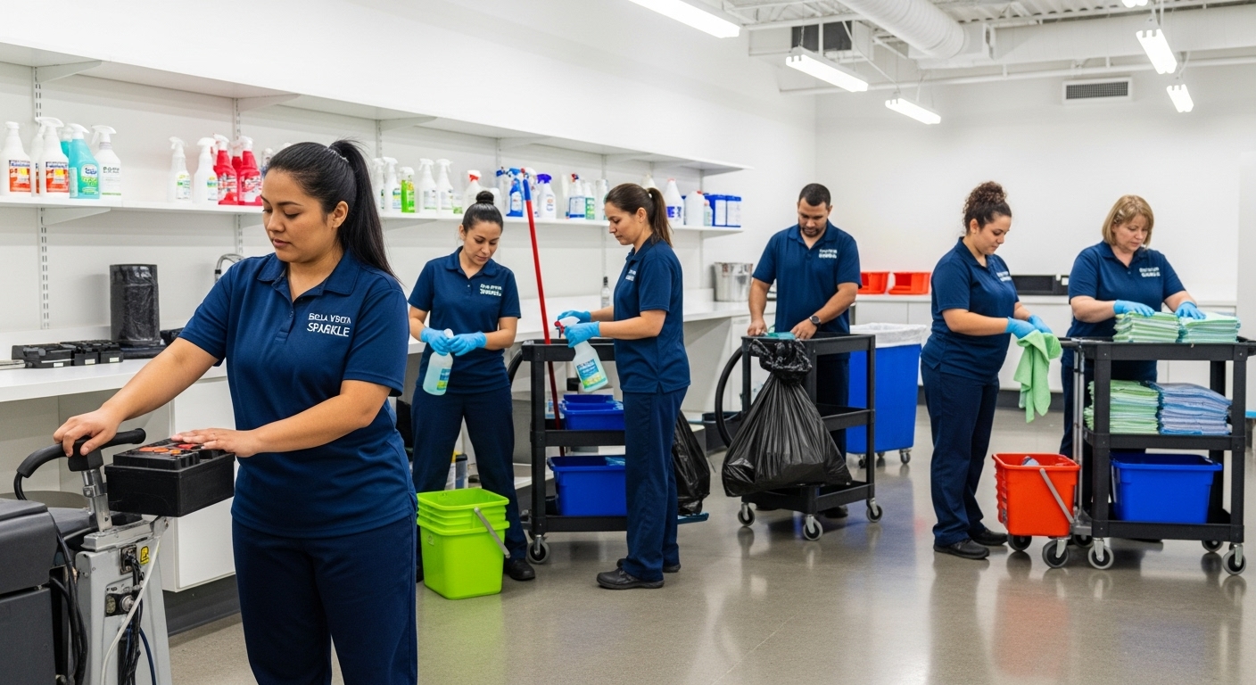 Cleaning team preparing equipment