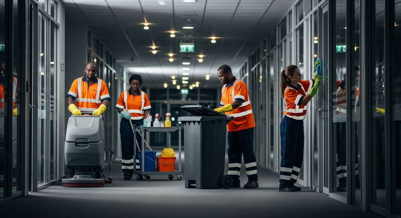 Contract cleaning team working after hours
