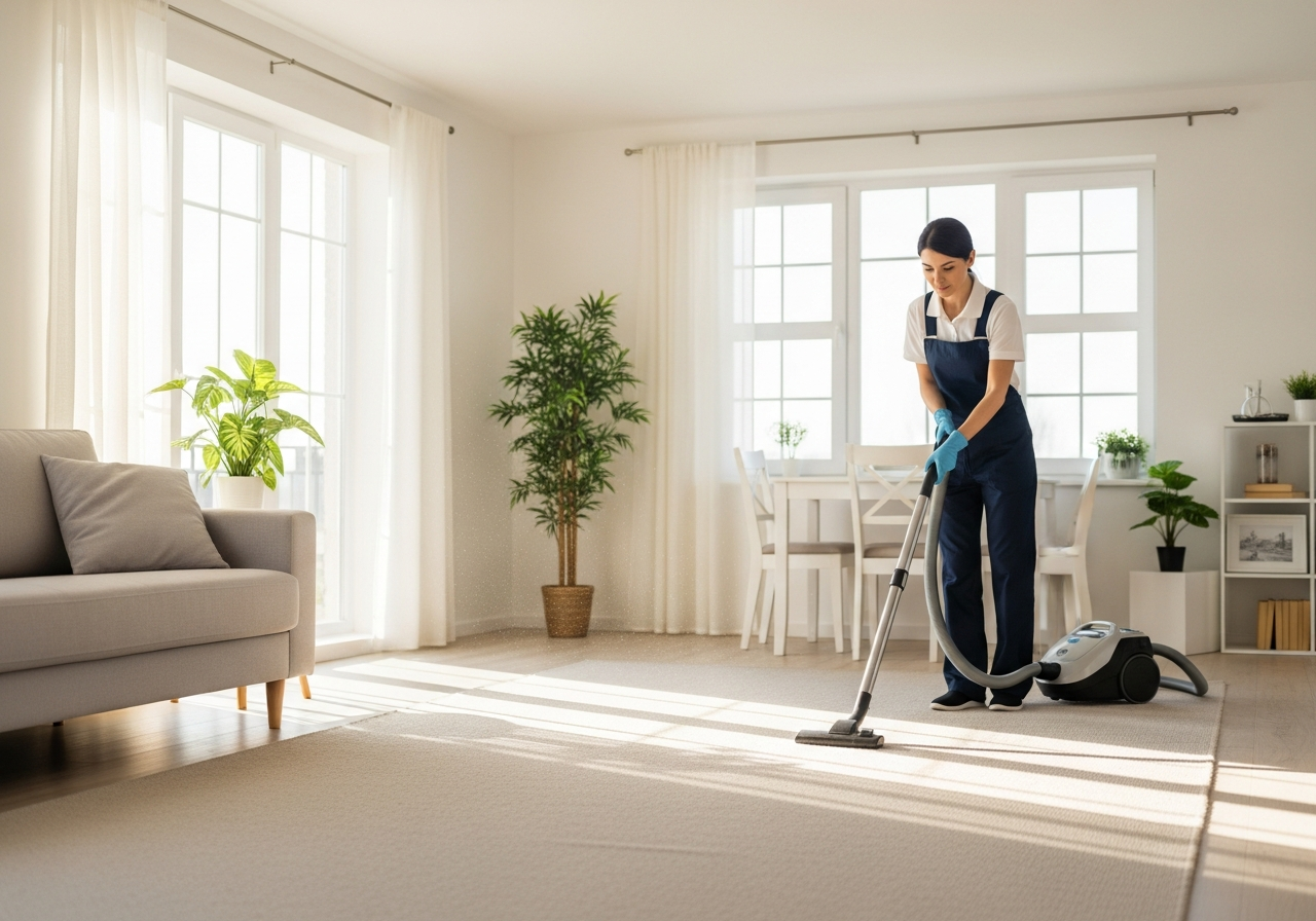 Cleaner vacuuming apartment carpet