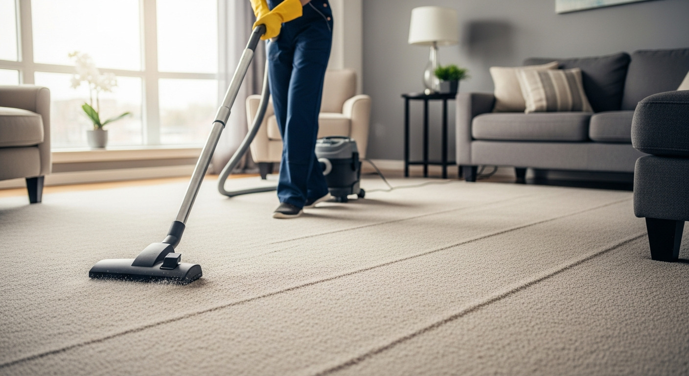 Cleaner vacuuming carpet in apartment