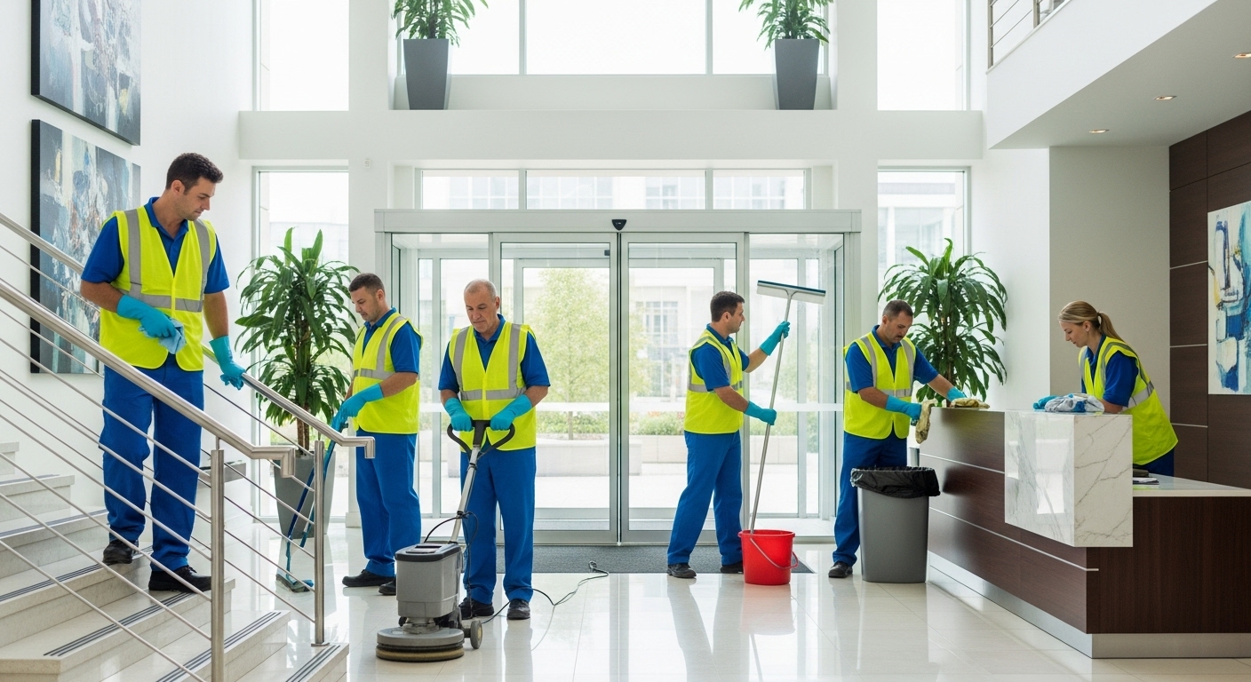 Commercial cleaners in a building lobby