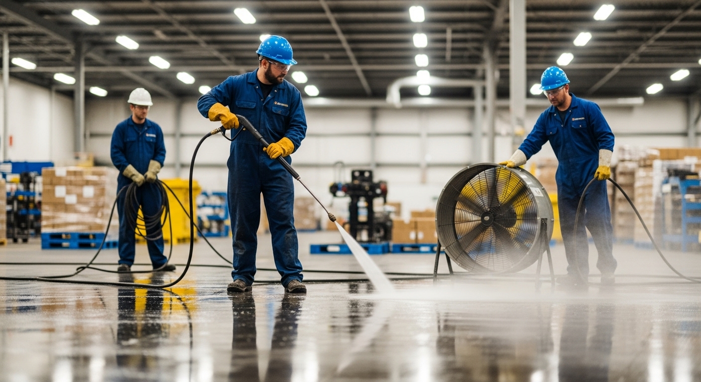 Industrial cleaners using high-pressure washer in warehouse