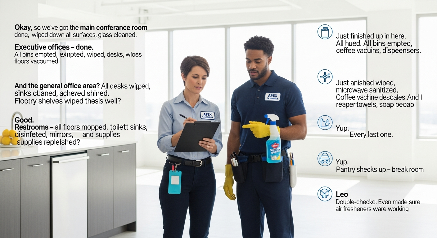 Cleaners checking checklist in office