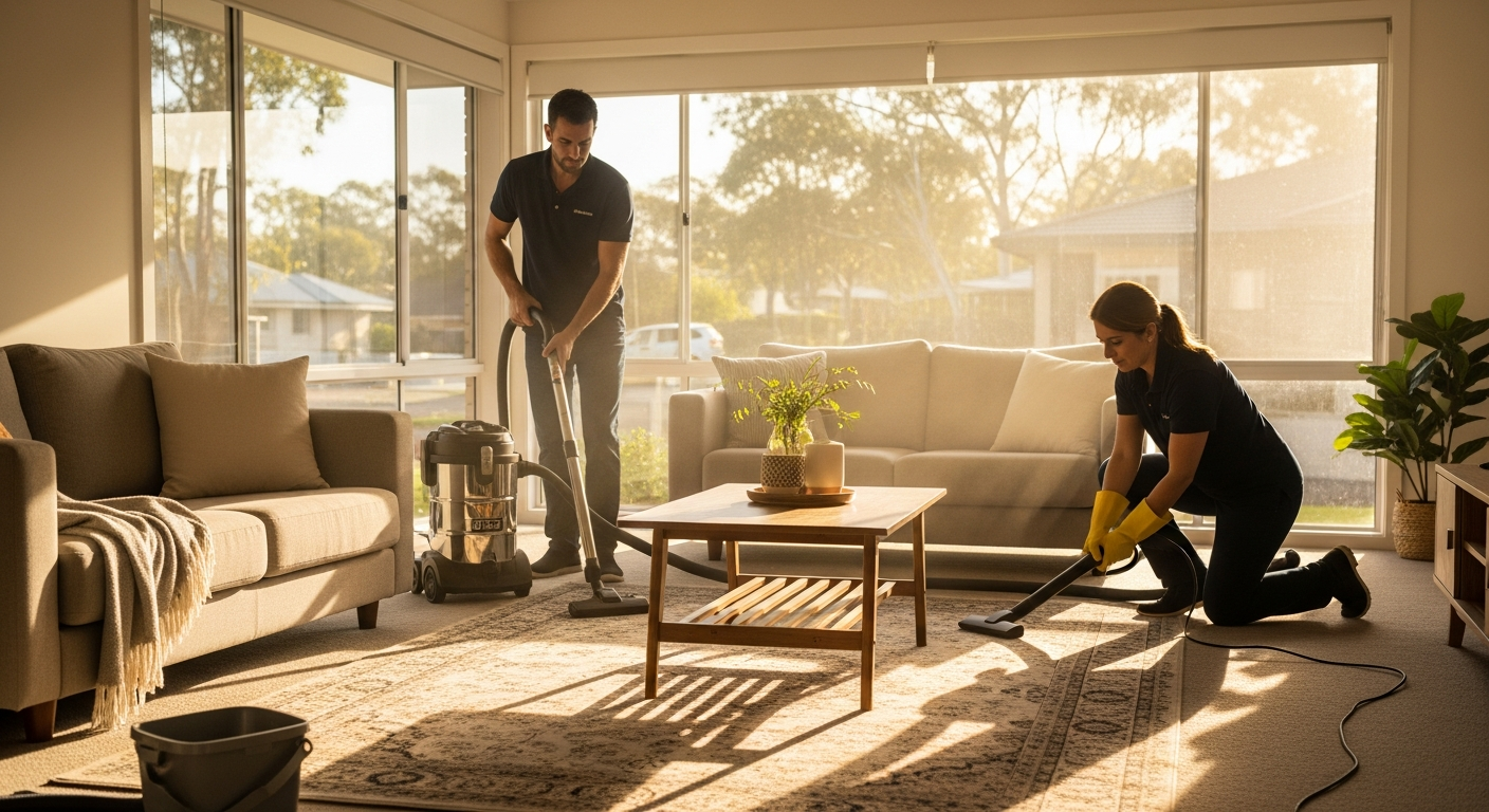 End of lease cleaners working in a living room