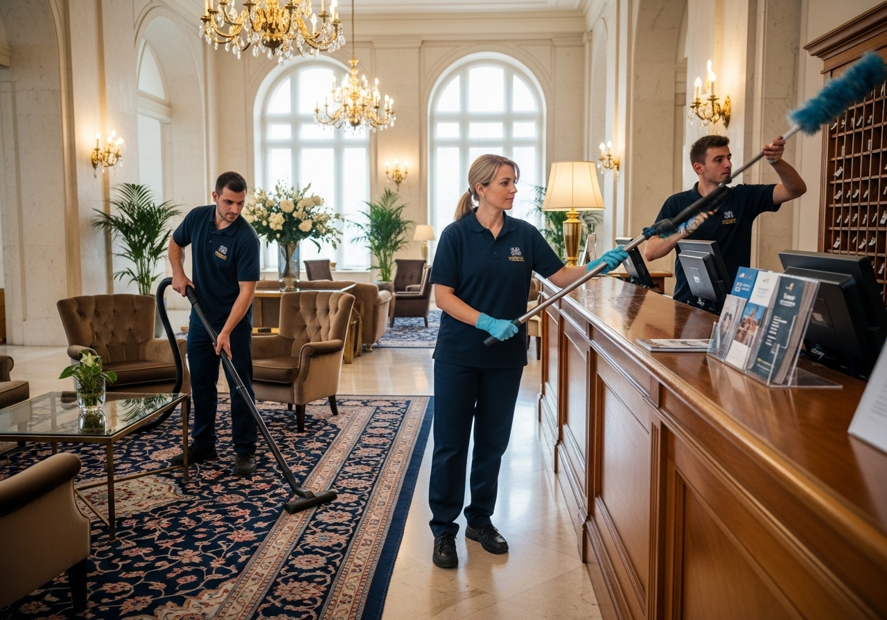 Hotel lobby being cleaned by professional staff