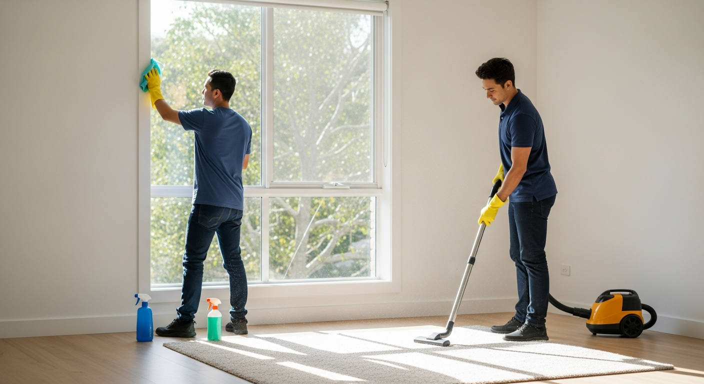 End of lease cleaners working in a living room