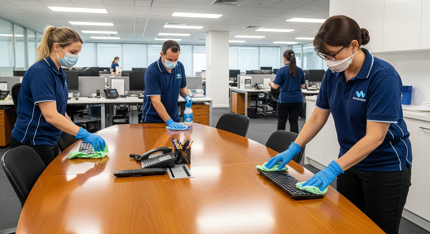 Cleaning crew disinfecting surfaces