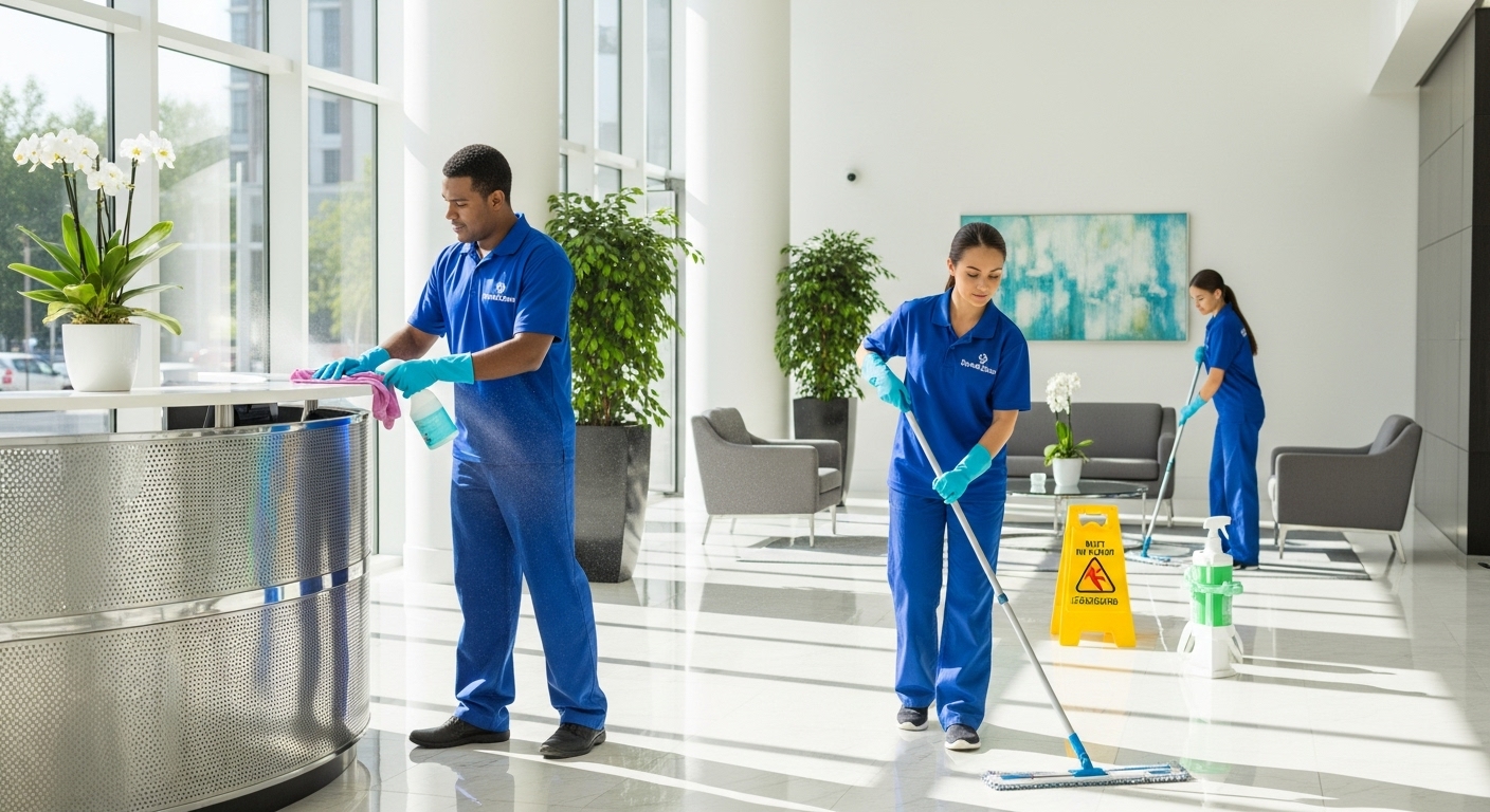Commercial cleaners sanitising an office lobby