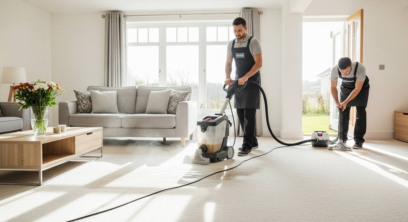 Steam cleaning carpet in living room