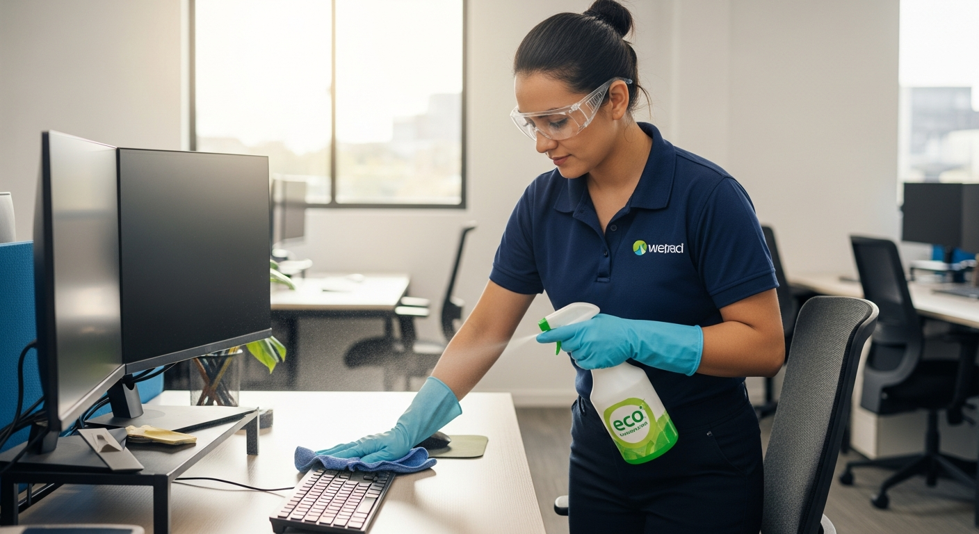 Commercial cleaner disinfecting desk