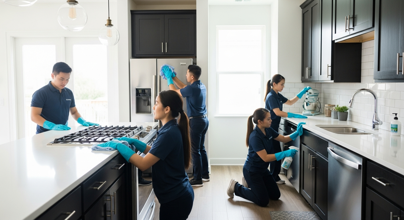 Superboss cleaning team in rental kitchen