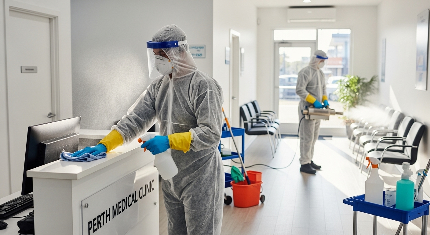 Professional cleaners sanitising a Perth clinic