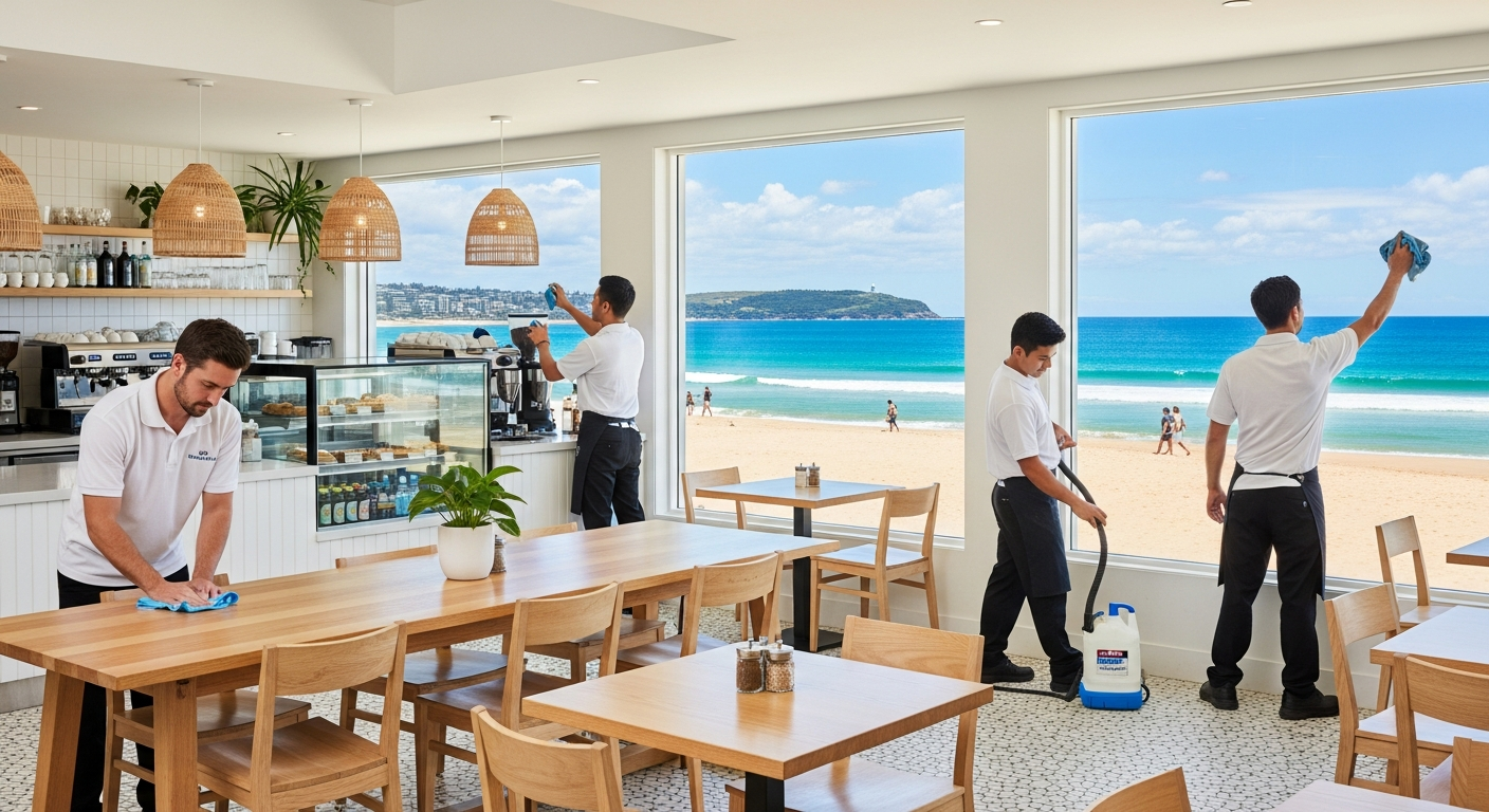 Cleaners servicing a beachfront cafe in Palm Beach
