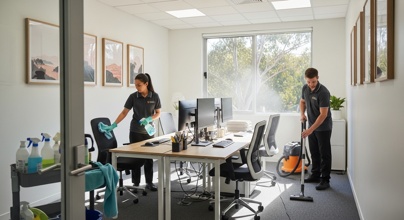 Professional cleaners in an office