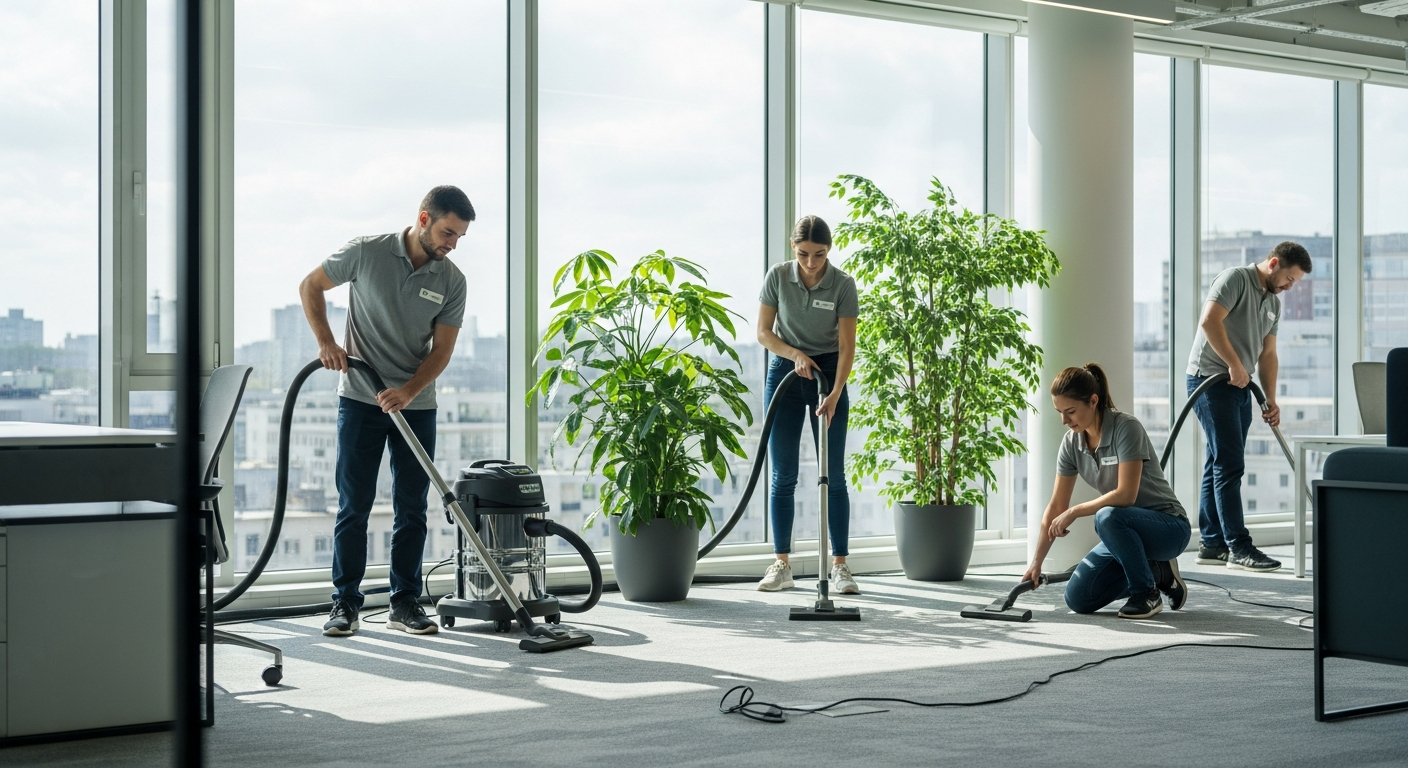 Commercial cleaning team working in modern office