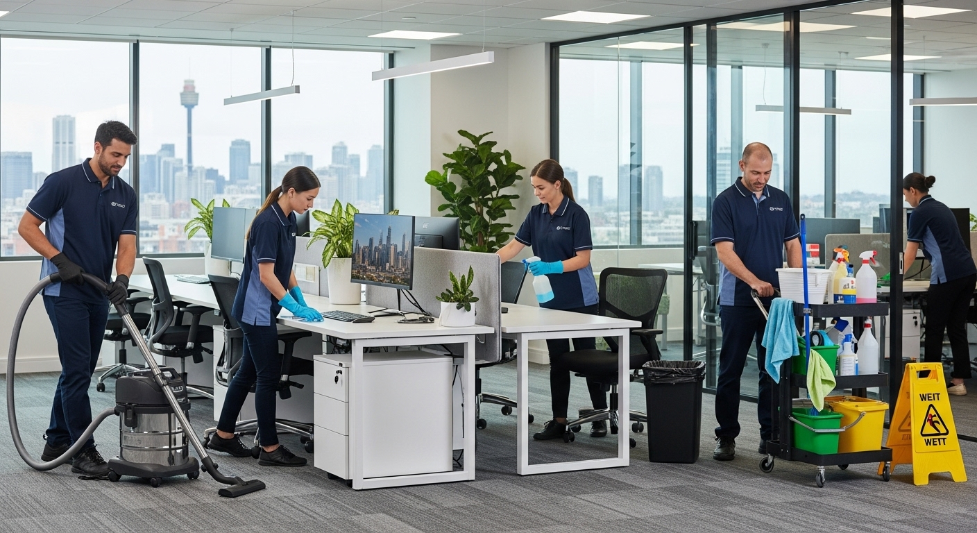 Professional commercial cleaners in modern office