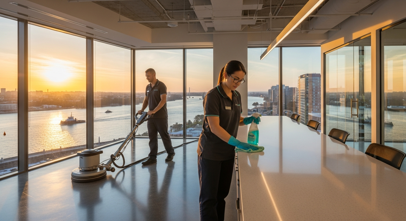 Professional cleaners working in Rhodes office