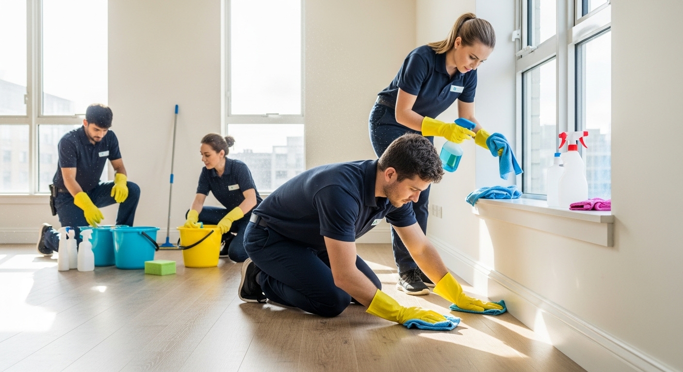 Cleaners polishing skirting boards