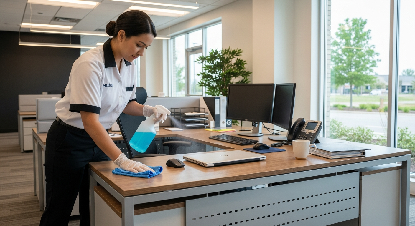 Cleaner sanitising an office desk