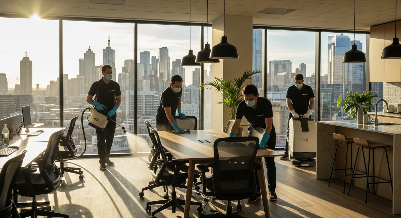 Professional cleaners sanitising open-plan office in Melbourne