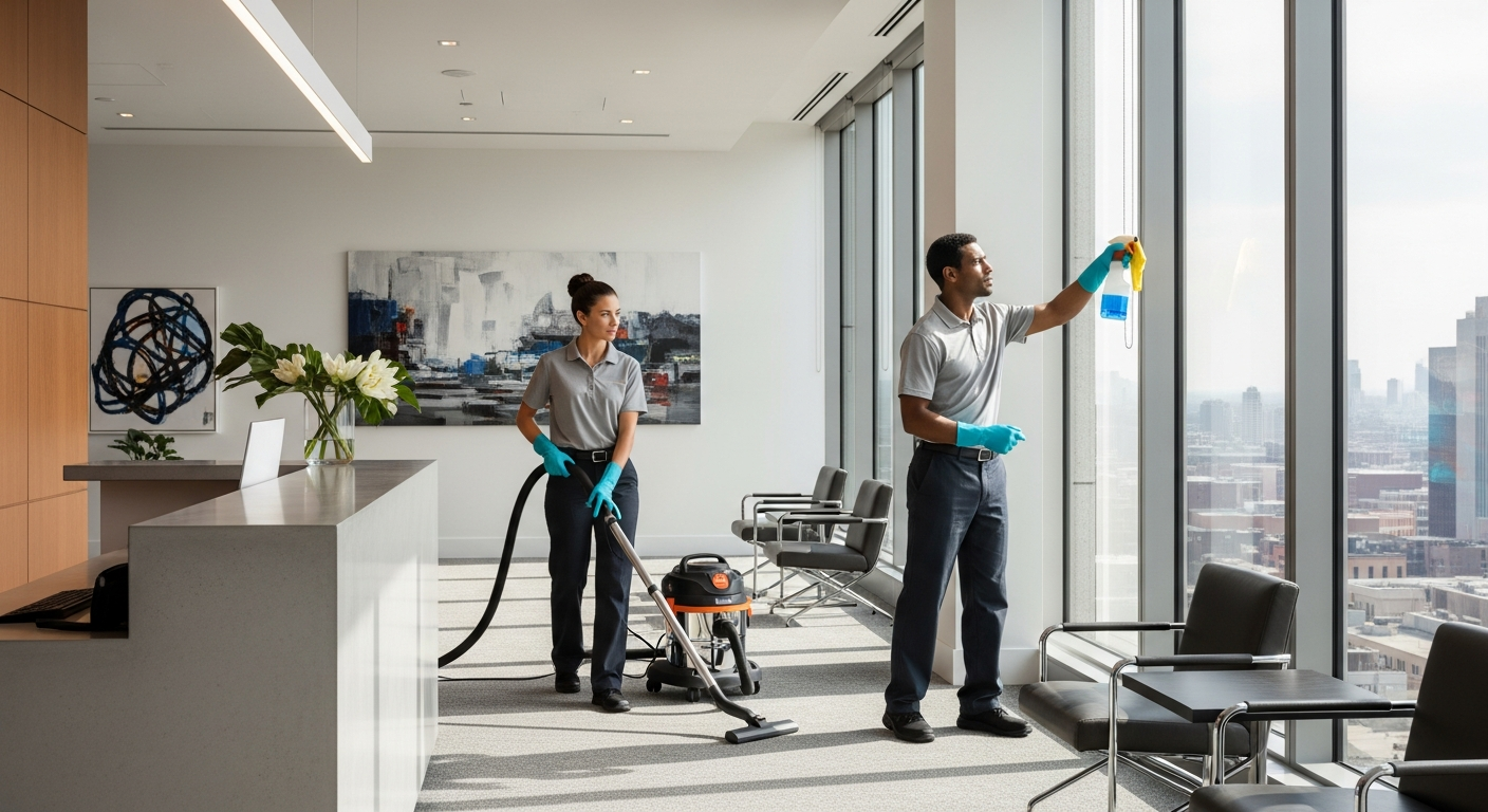 Professional cleaners in office reception