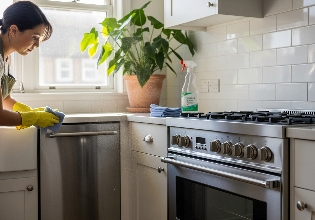 Oven cleaning in apartment kitchen