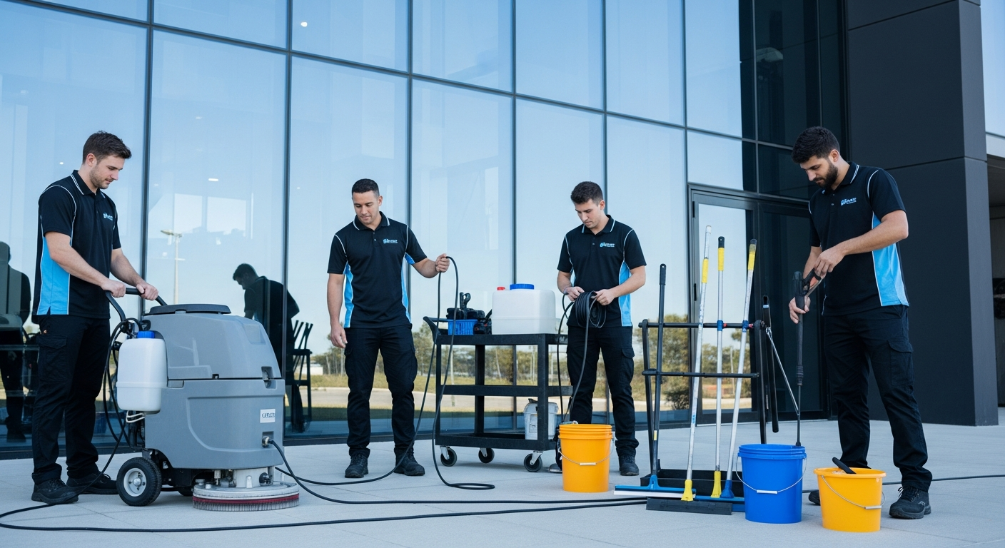 Commercial cleaning team preparing equipment