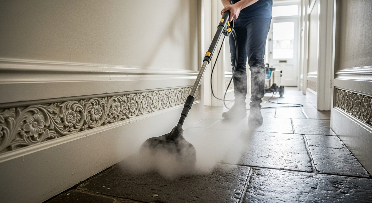 Cleaner steam cleaning hallway