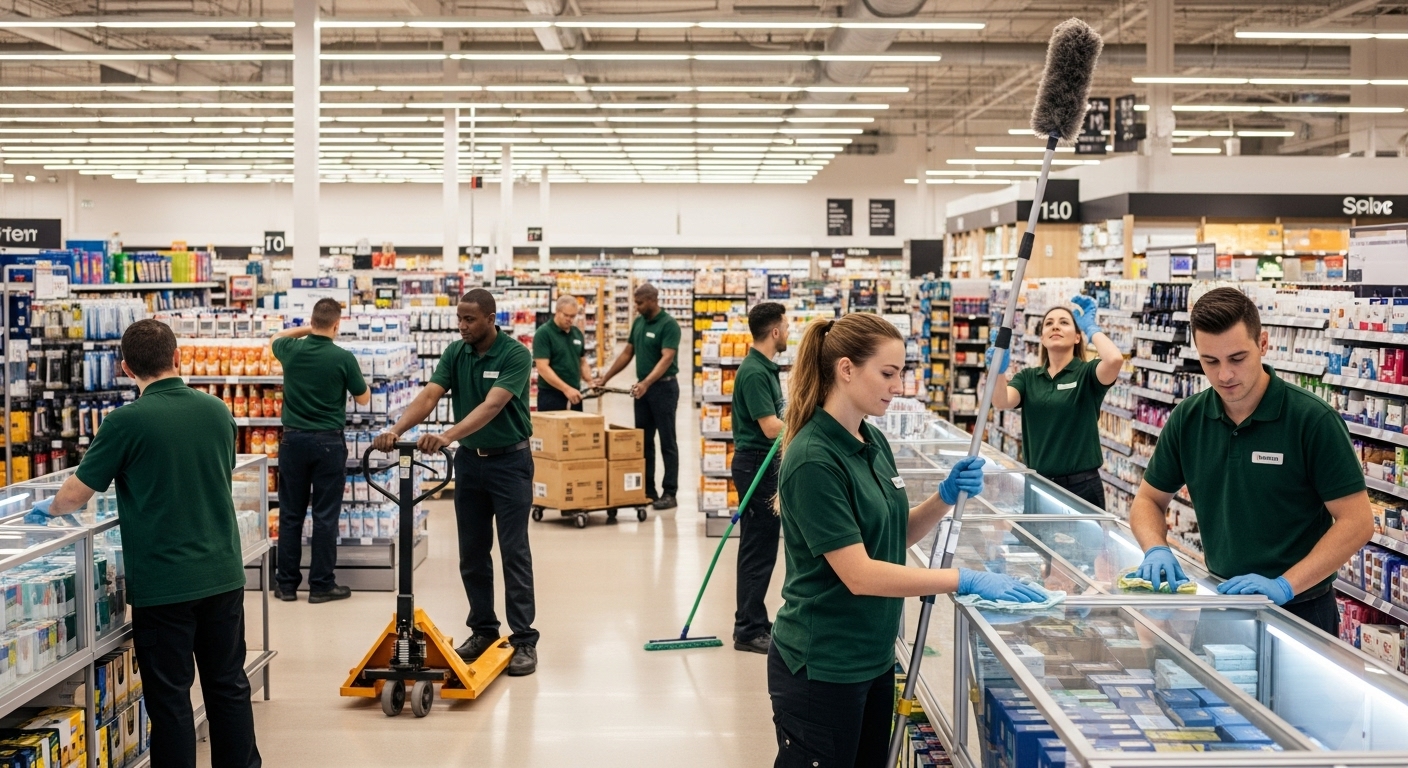 Retail team preparing store with professional cleaners
