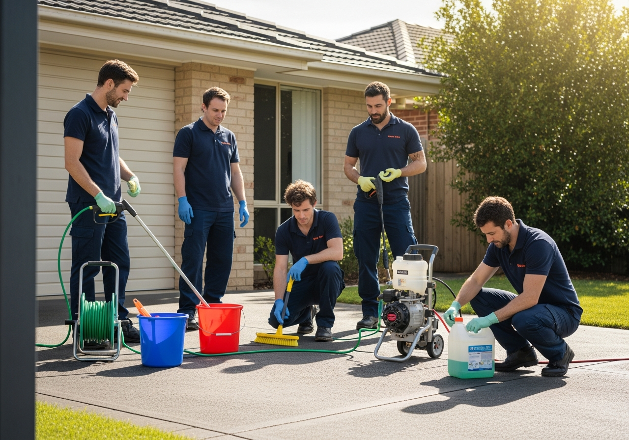 Cleaning team preparing equipment outside house
