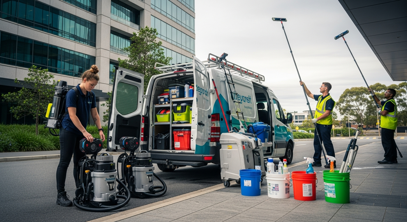 Commercial cleaners preparing equipment in St Leonards