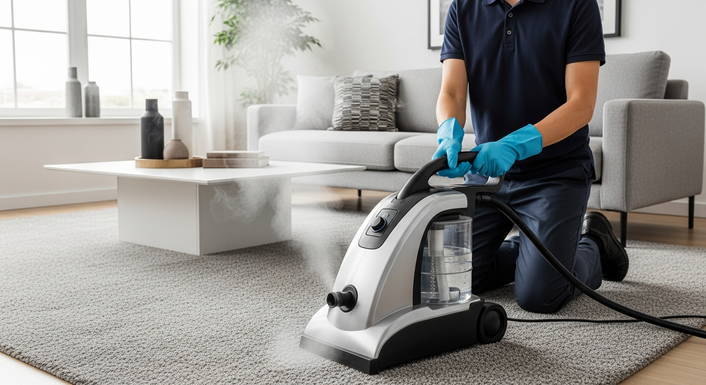 Cleaner steam-cleaning carpet in apartment