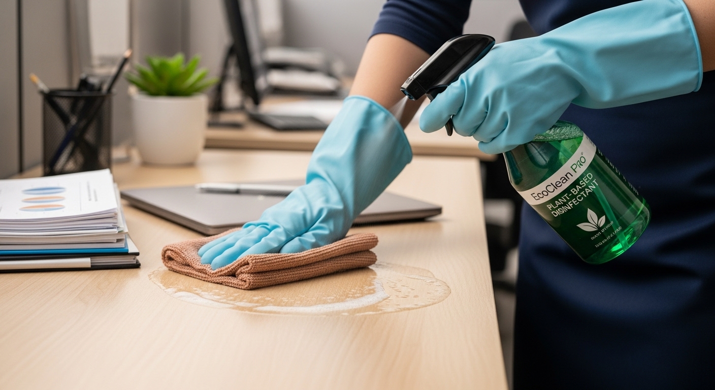 Cleaner sanitising office desk