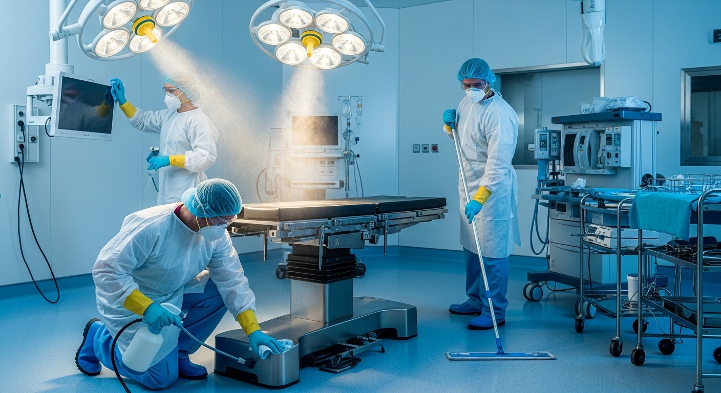 Clinical cleaning team disinfecting an operating theatre