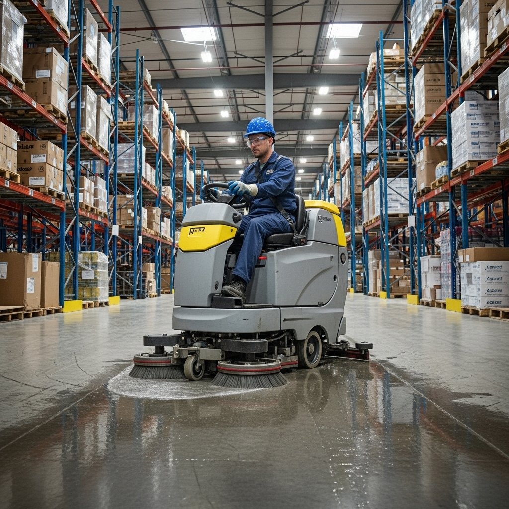 Warehouse floor scrubber