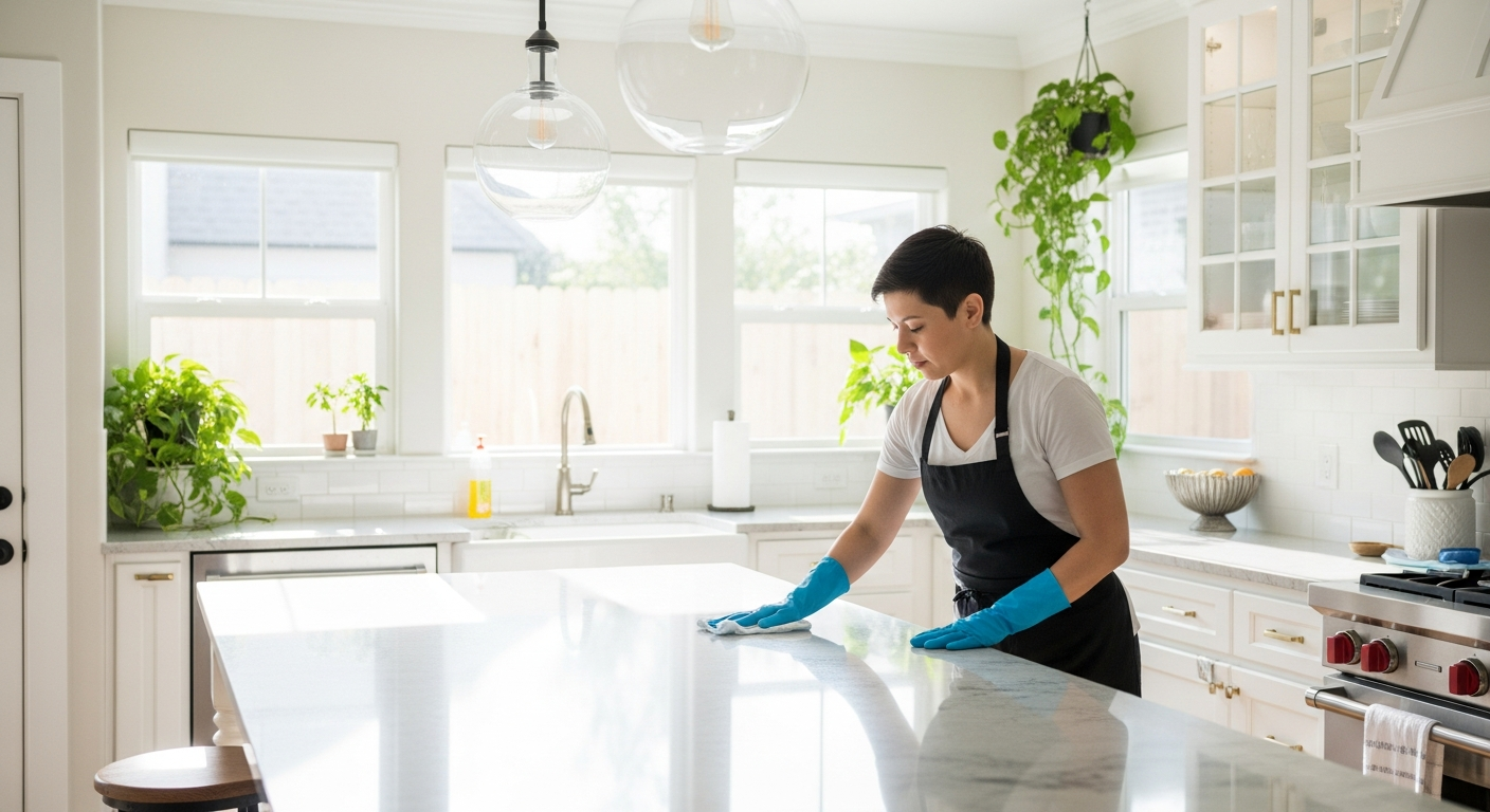 Cleaner wiping kitchen bench