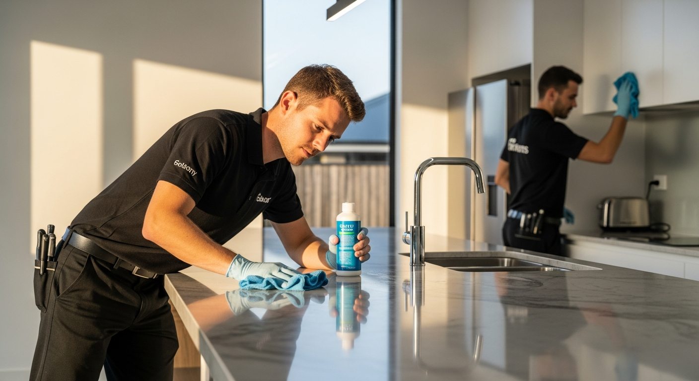 End of lease cleaning crew working in kitchen