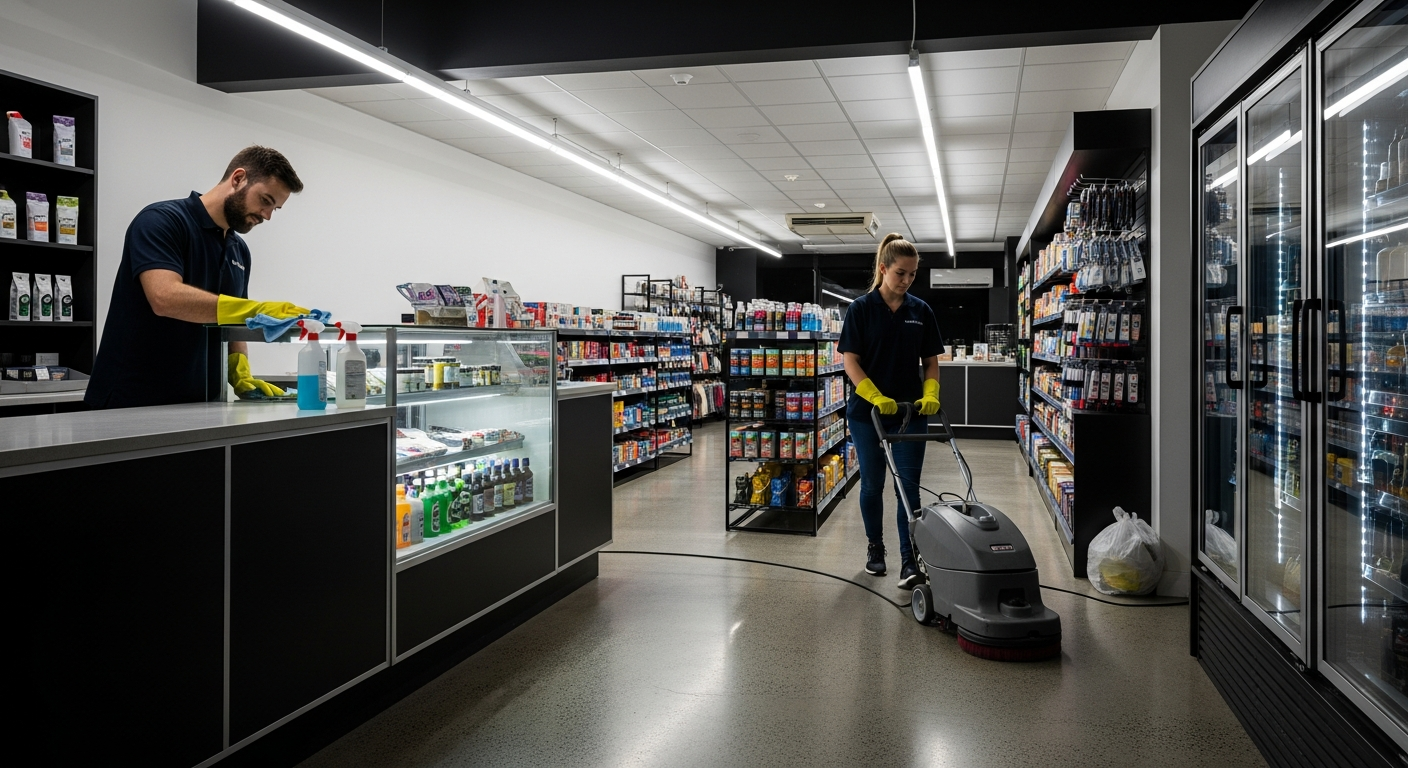 Cleaners working in retail shop