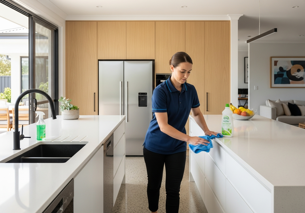 Professional cleaner wiping kitchen bench