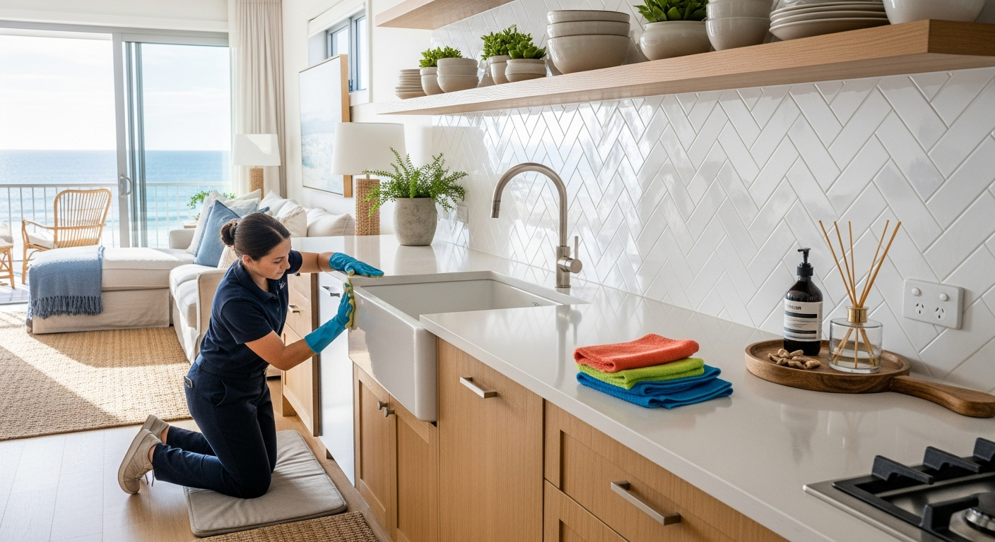 Professional cleaner polishing kitchen bench