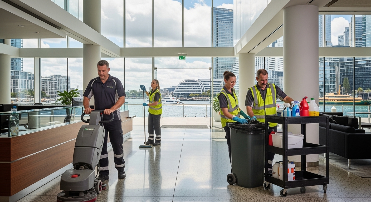 Professional cleaners in Barangaroo office lobby