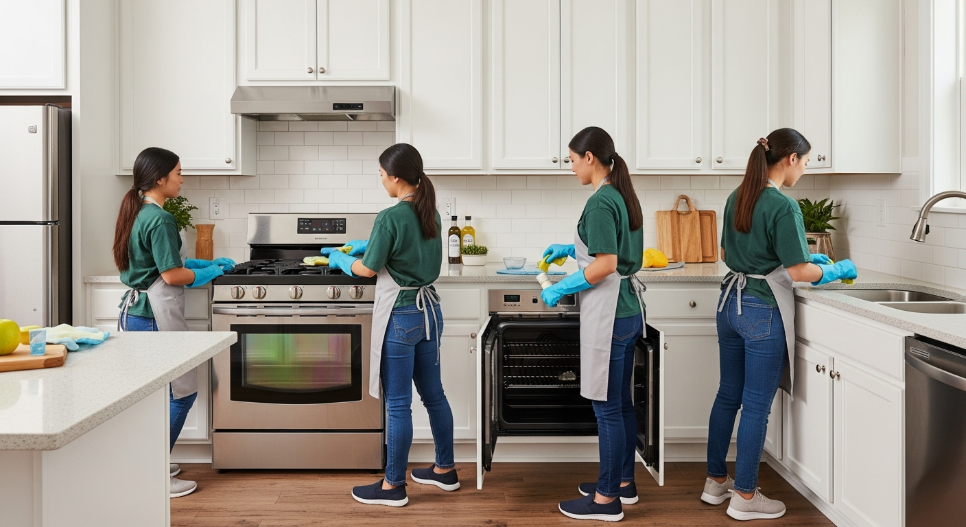 End of lease cleaning team in kitchen
