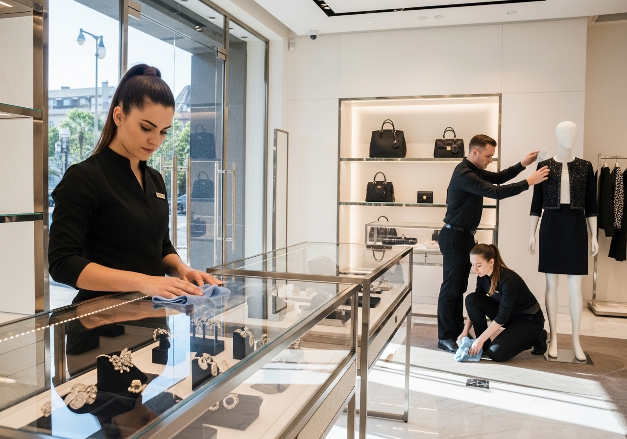 Retail cleaners preparing store
