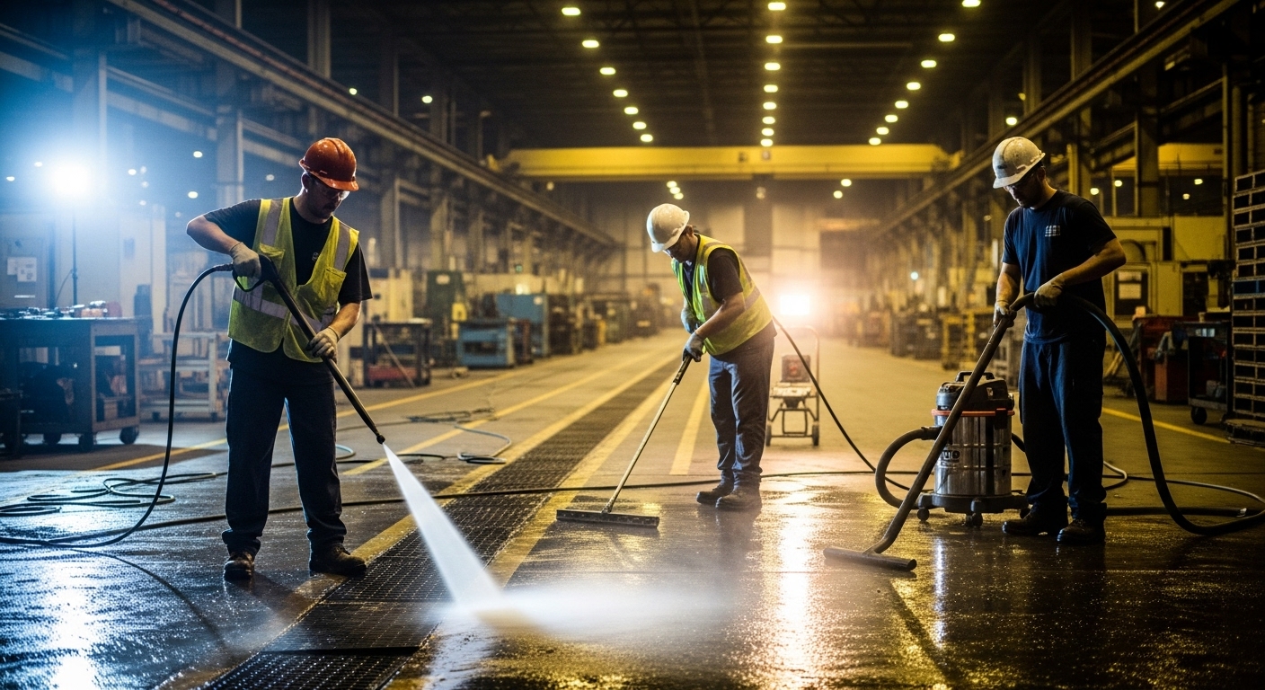 Industrial cleaning crew performing high-pressure wash on factory floor