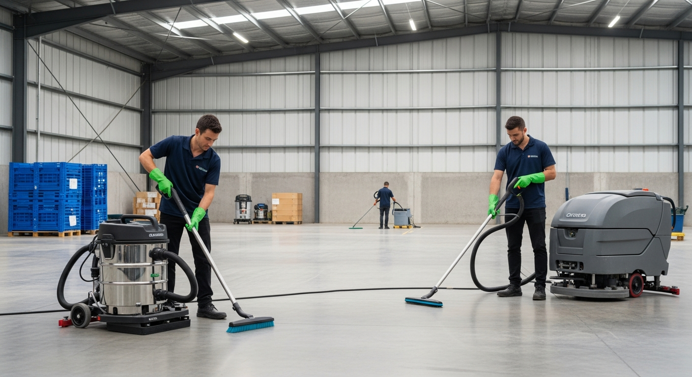 Commercial cleaners in Tempe warehouse using eco-friendly equipment